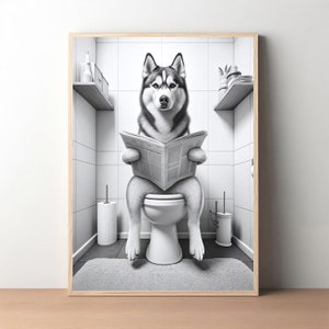 May include: A black and white photo of a husky dog sitting on a toilet in a bathroom, reading a newspaper.