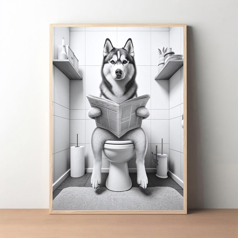 May include: A black and white photo of a husky dog sitting on a toilet in a bathroom, reading a newspaper.