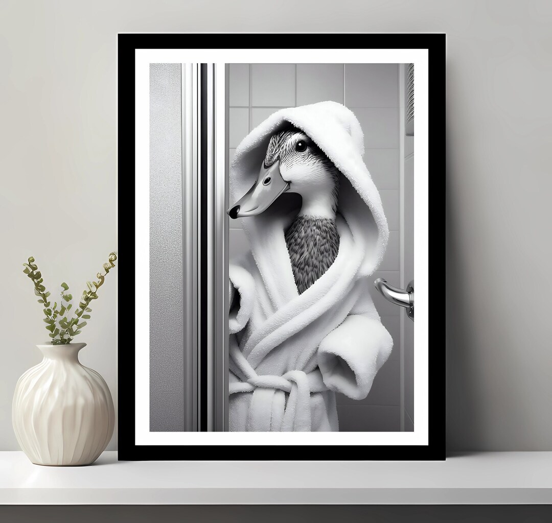 Cute Duck in a Bathrobe Peering From Shower Cabin, Bathroom Art Print ...