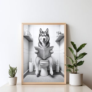 May include: A black and white illustration of a husky dog sitting on a toilet in a bathroom, reading a newspaper.