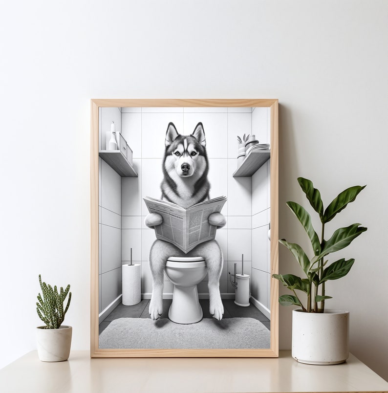 May include: A black and white illustration of a husky dog sitting on a toilet in a bathroom, reading a newspaper.