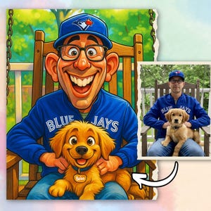 May include: A cartoon illustration of a person wearing a blue baseball cap and jacket with "Blue Jays" text, holding a golden retriever puppy. The puppy wears a "Bobo" name tag. The image is a caricature with a photo inset.