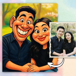 May include: A colorful cartoon portrait of a smiling couple, with exaggerated features, wearing dark shirts. A smaller photo of the couple is shown on the right. The background is a park scene with green and yellow hues.