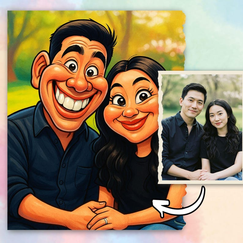 May include: A colorful cartoon portrait of a smiling couple, with exaggerated features, wearing dark shirts. A smaller photo of the couple is shown on the right. The background is a park scene with green and yellow hues.