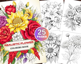 Målarbok med 25 realistiska blommor, utskrivbar PDF, målarbok med gråskala, målarbilder för vuxna och barn, utskrivbar målarsida