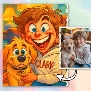 May include: A vibrant cartoon illustration of a boy and a golden retriever puppy. The boy wears a hoodie with "CLARK" printed on it. The puppy has a tag that says "BOBO". A smaller photo shows the boy and puppy.