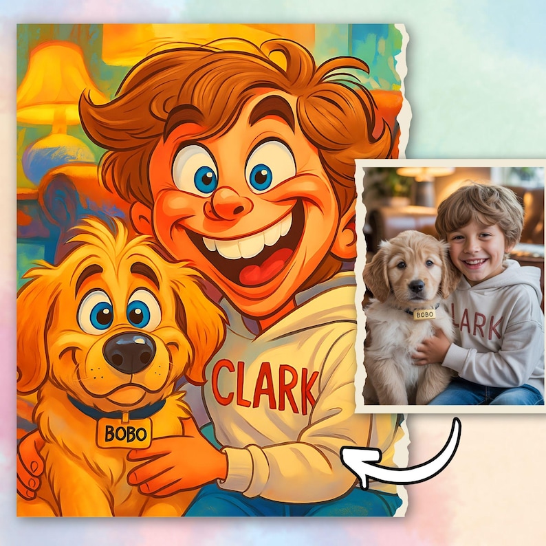 May include: A vibrant cartoon illustration of a boy and a golden retriever puppy. The boy wears a hoodie with "CLARK" printed on it. The puppy has a tag that says "BOBO". A smaller photo shows the boy and puppy.