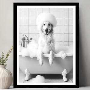 Borzoi Wall Art, Funny Bathroom Decor, Pet Portrait, Petshop Art, Borzoi Dog Art, Borzoi Gift, Dog in Bubble Bath, Digital Download