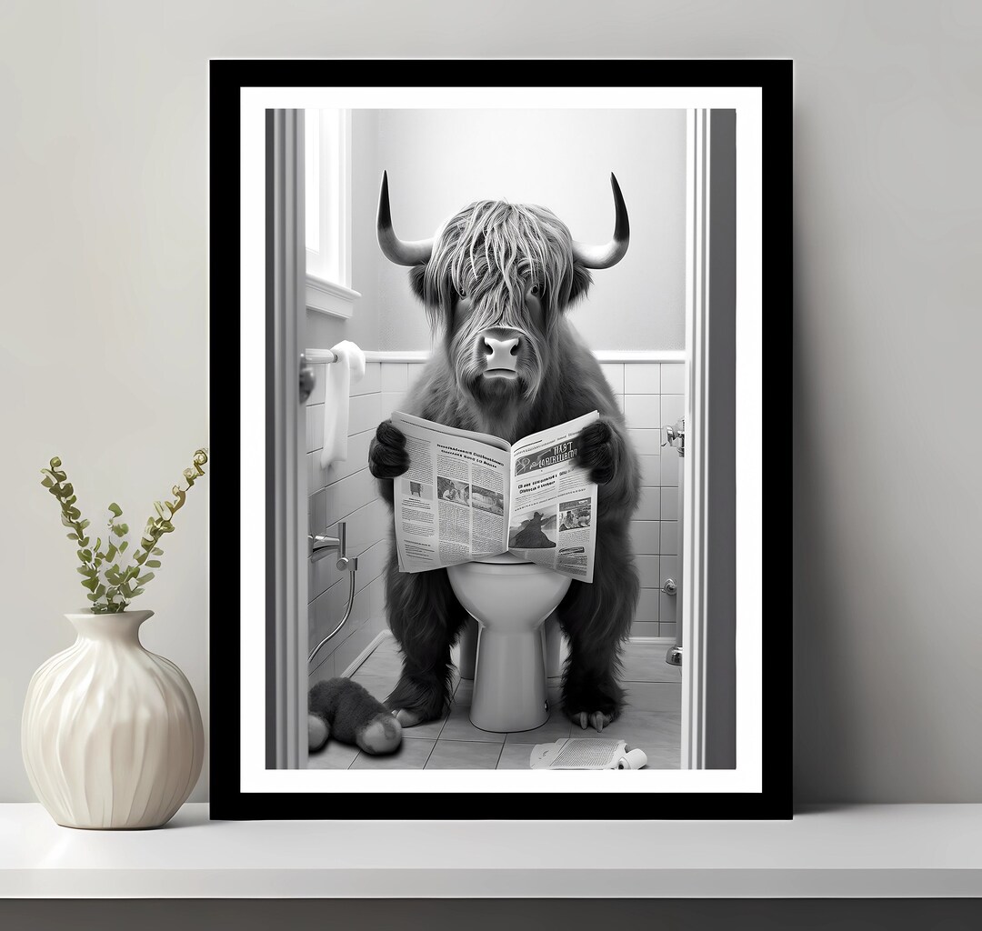 Highland Cow Sitting on the Toilet Reading a Newspaper, Funny Bathroom ...