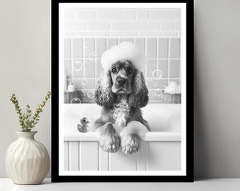 Cocker Spaniel Wall Art, Funny Bathroom Decor, Pet Portrait, Dog Art, Cocker Spaniel Gift, Dog in Bubble Bath, Digital Download