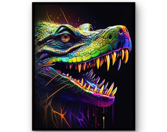 Kleurrijke neon-muurkunst krokodil | Krokodillenprint | Krokodilposter downloaden |  Wilde dieren cadeaudieren | Wanddecoratie