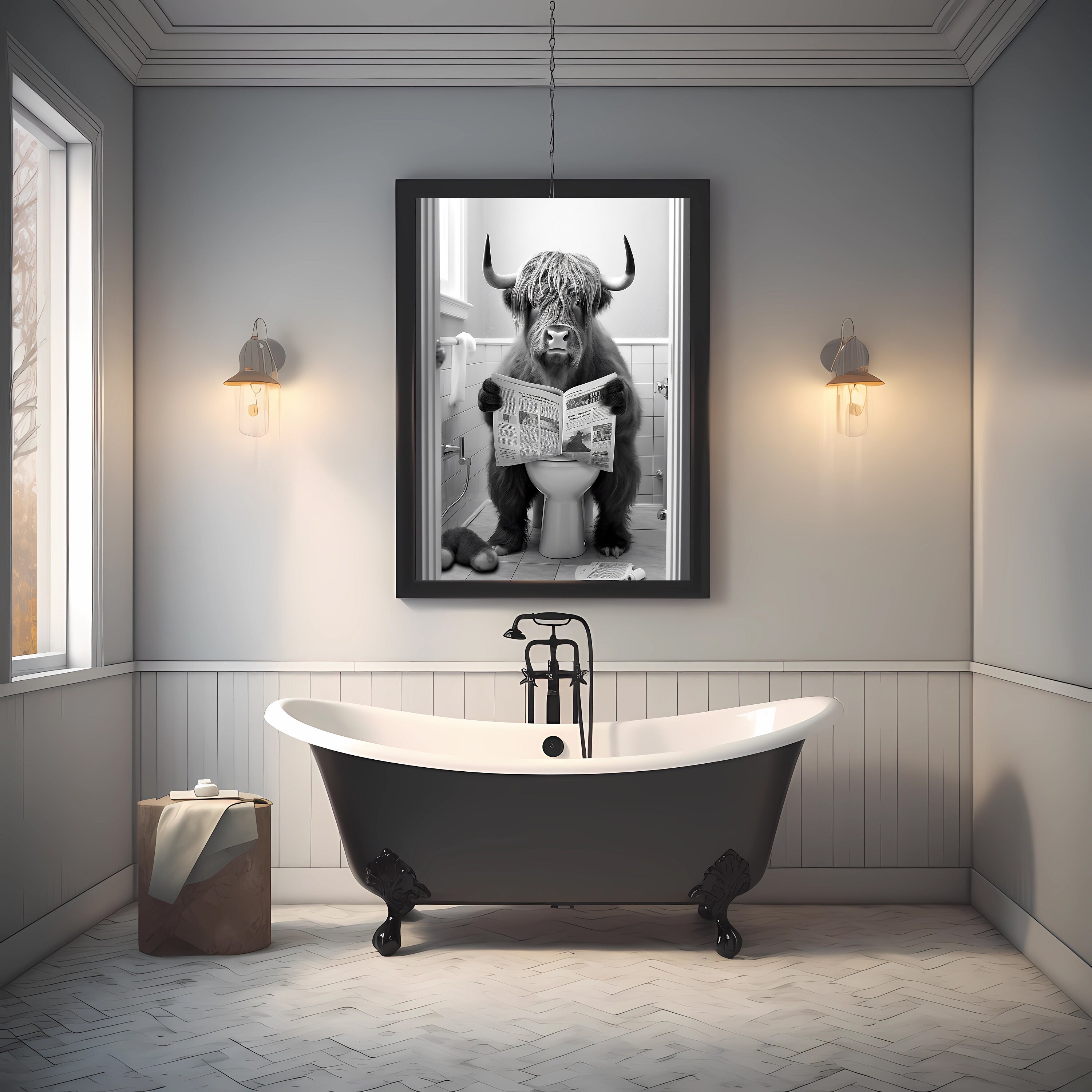 Highland Cow Sitting on the Toilet Reading a Newspaper, Funny Bathroom ...