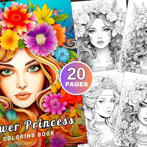 20 Flower Princess Coloring Book, Printable PDF, Grayscale Coloring Book, Princess coloring sheets for adults, Printable Coloring Page