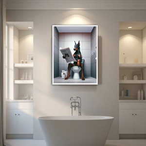 Dazzlewall Lustiges Badezimmer Bild Hund Auf Toilette - 12×16 Zoll Leinwand Wanddekoration