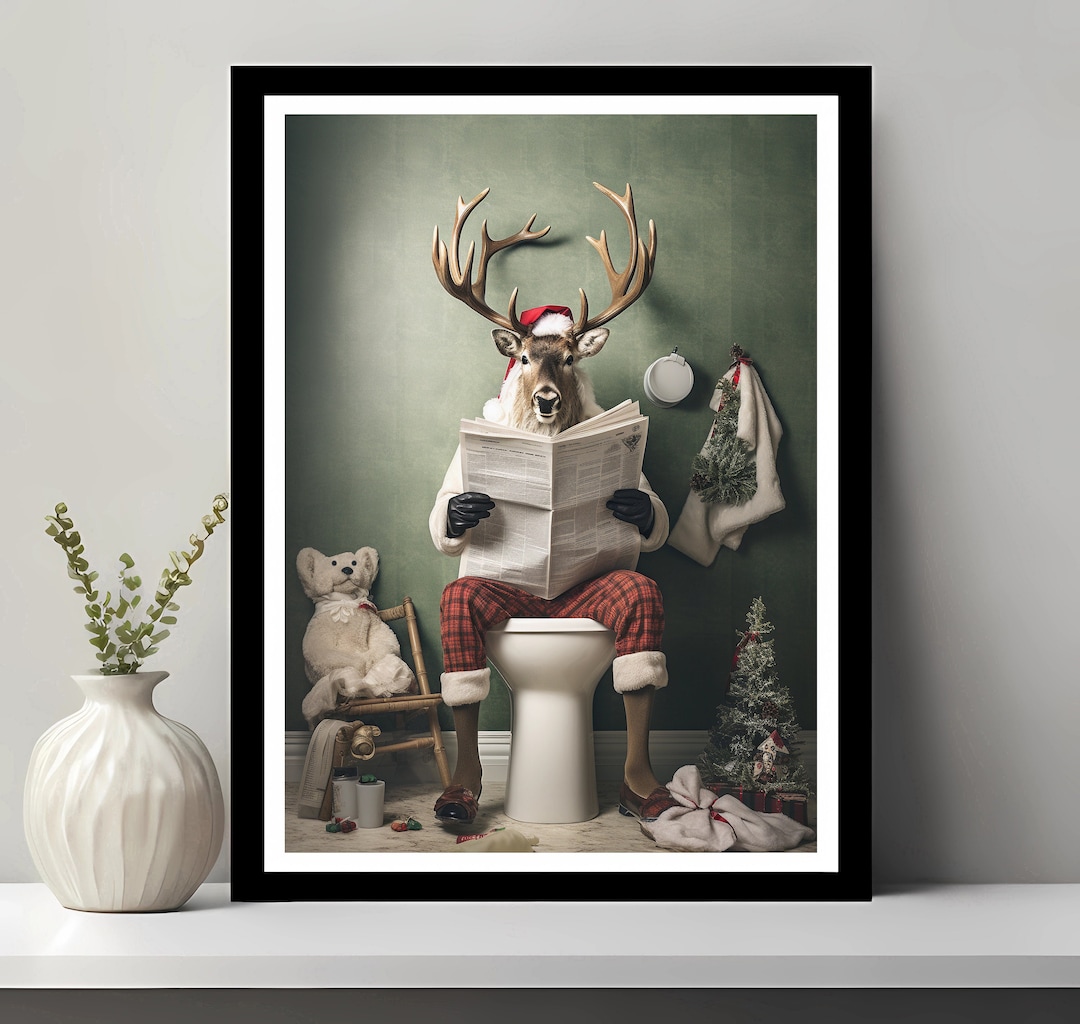 Reindeer Wall Art, Funny Bathroom Decor, Reindeer in Toilet, Funny