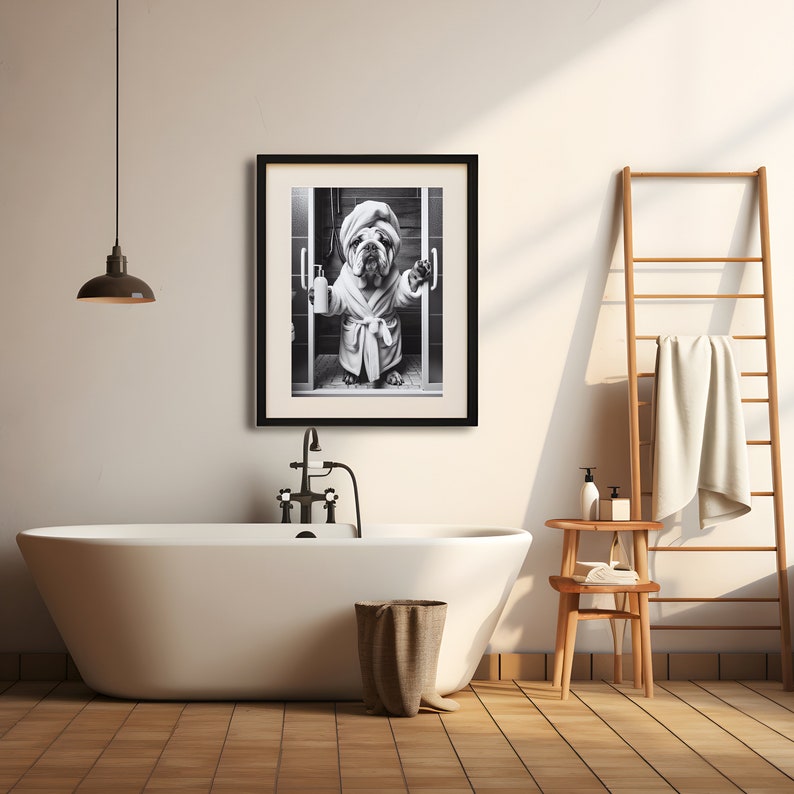 Engelse Bulldog kunst aan de muur, badkamer Art Print, Engelse Bulldog foto, kunst aan de muur badkamer, cadeau, grappige badkamer wand decor, digitale download afbeelding 4