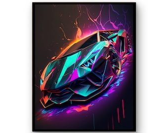 Neon sports car | Lamborghini neon | Black background sports car | Wall art sport vehicle | Nursery | Kids Wall Art | Digital Art
