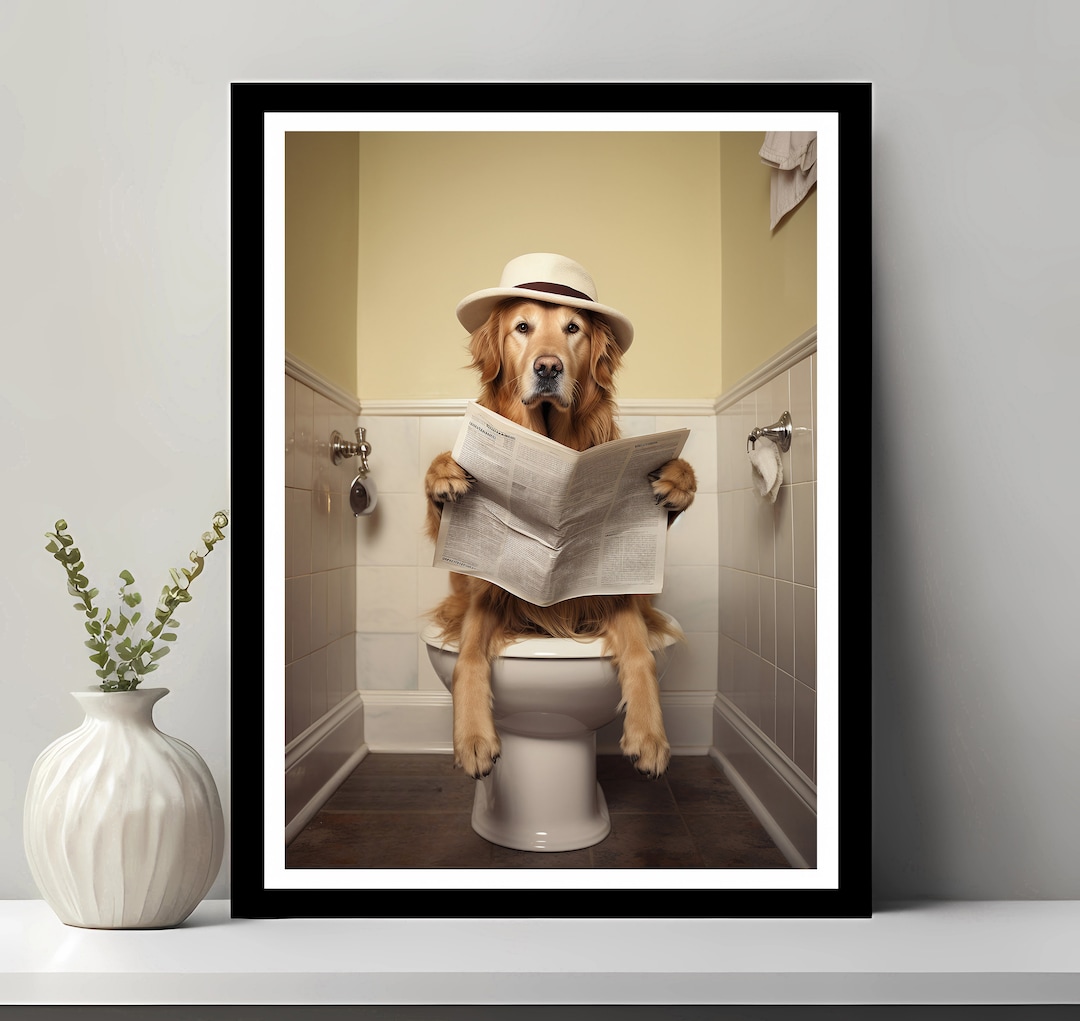 Golden Retriever Art, Funny Bathroom Decor, Dog in Toilet, Animal in