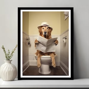 Golden Retriever Art, Funny Bathroom Decor, Dog in Toilet, Animal in toilet, Kids Bathroom Wall Art, Printable Digital Download