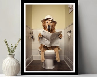 Golden Retriever Art, Funny Bathroom Decor, Dog in Toilet, Animal in toilet, Kids Bathroom Wall Art, Printable Digital Download