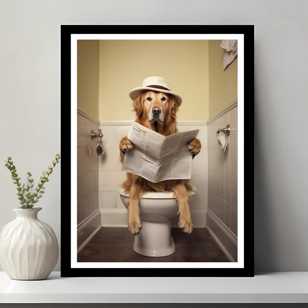 Golden Retriever kunst, grappig badkamer decor, hond in toilet, dier in toilet, kinderen badkamer kunst aan de muur, afdrukbare digitale download