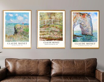 Conjunto de impresión de Claude Monet de 3, arte de pared vintage, impresiones de arte de pared de galería, cartel de exposición de Monet, impresión vintage, decoración de granja
