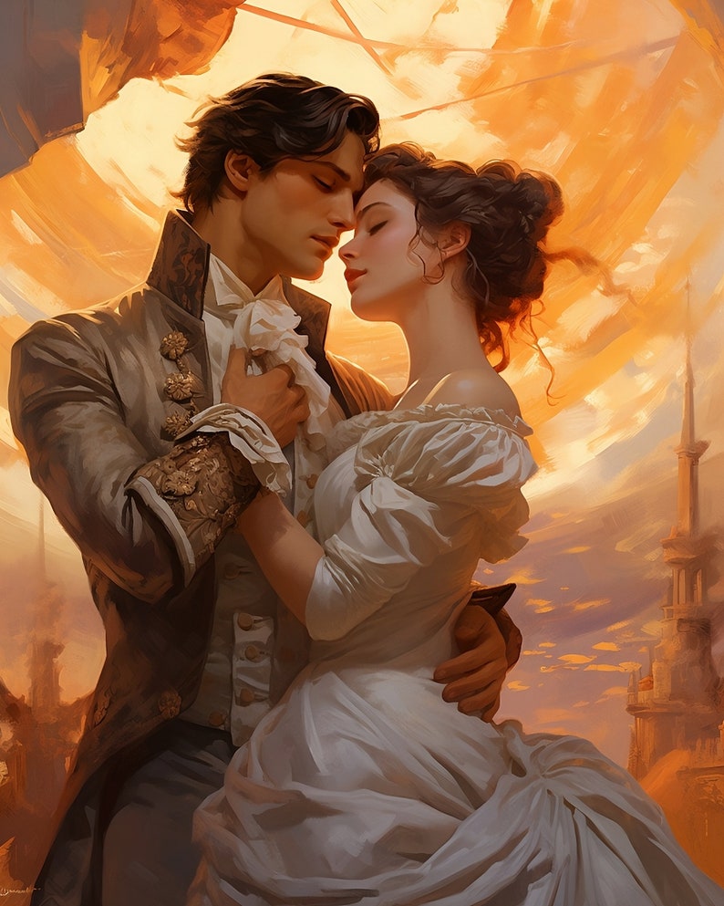 Romantic Art Print | Vintage Romanticism Painting | Kissing Wall Art | Hugging Couple Printable | Romantic Wall Art | Man and Woman Painting image 4