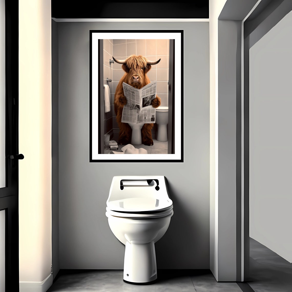 Scottish Highland Cow in Bathroom, Bathroom Humor, Funny Bathroom Print ...