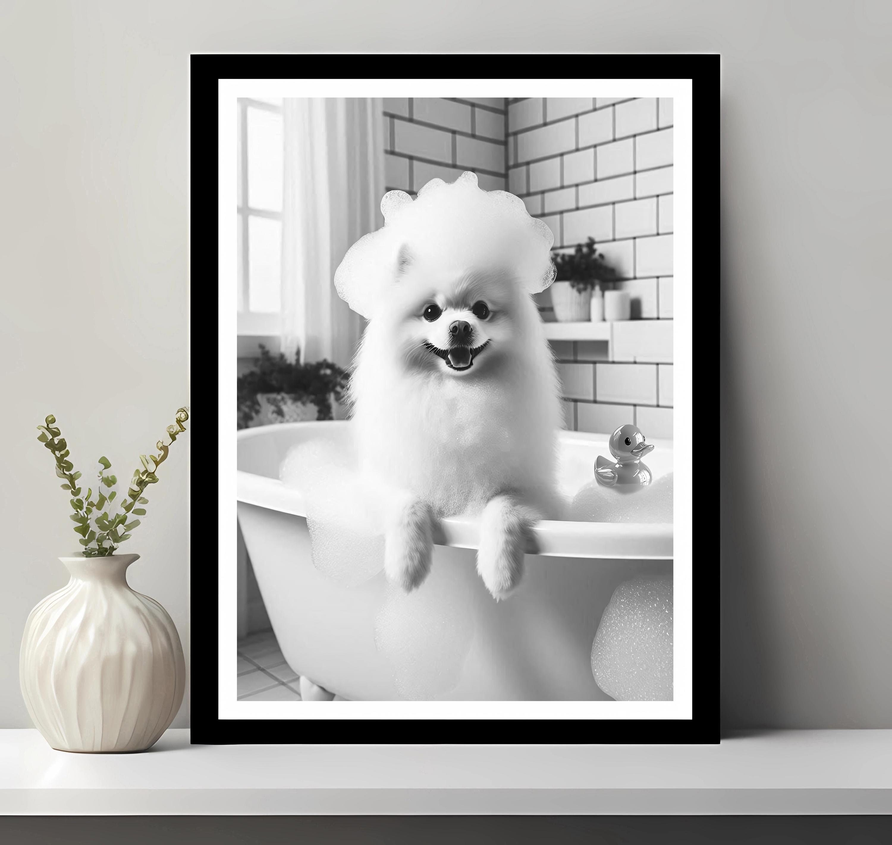 American Eskimo Dog Wall Art, Funny Bathroom Decor, Pet Portrait, Petshop Art, Dog Art, Eskimo Dog Gift, Dog in Bath, Digital Download