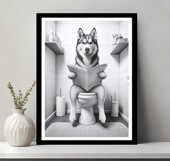 Siberian Husky Wall Art, Funny Bathroom Decor, Husky in Toilet, Animal in toilet, Petshop Art, Husky Gift, Printable Digital Download