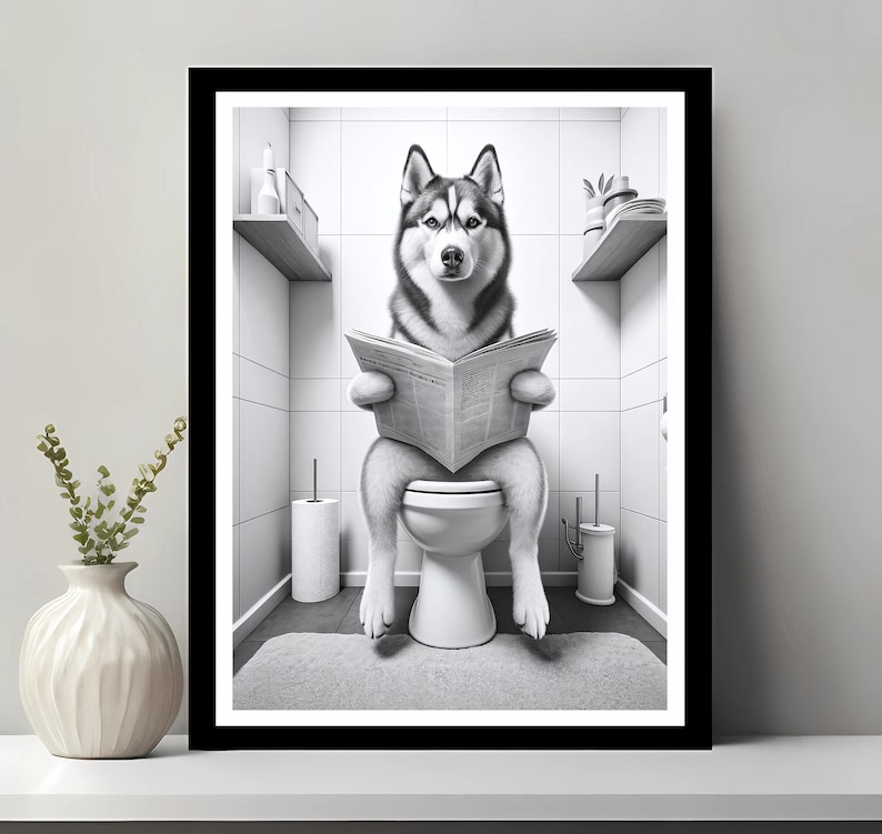 Siberian Husky Wall Art, Funny Bathroom Decor, Siberian Husky in Toilet, Animal in toilet, Petshop Art, Dog Art, Siberian Husky Gift, Printable Digital Download