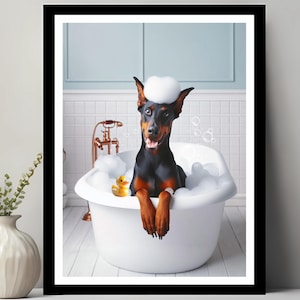 Dobermann Pinscher Pinscher, Hunde Portrait, Hund im Schaumbad, Pinscher Geschenk, Hund im Sprudelbad, witziger, digitaler Download
