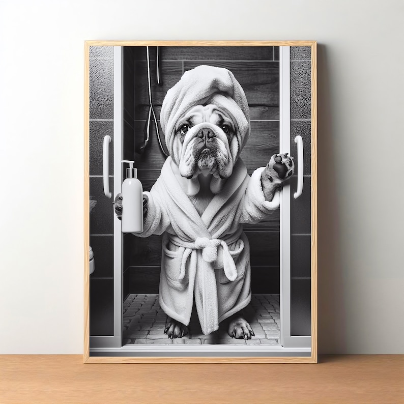 Engelse Bulldog kunst aan de muur, badkamer Art Print, Engelse Bulldog foto, kunst aan de muur badkamer, cadeau, grappige badkamer wand decor, digitale download afbeelding 6