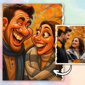 May include: A digitally illustrated cartoon couple laughing, with exaggerated features and bright colors. The background is a warm autumn scene. A smaller, realistic photo of the couple is included, connected by a white arrow.