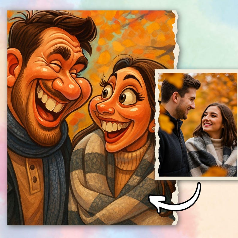 May include: A digitally illustrated cartoon couple laughing, with exaggerated features and bright colors. The background is a warm autumn scene. A smaller, realistic photo of the couple is included, connected by a white arrow.