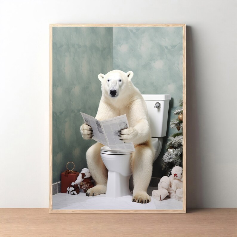 Polar Bear Wall Art, Funny Bathroom Decor, Polar Bear in Toilet, Animal