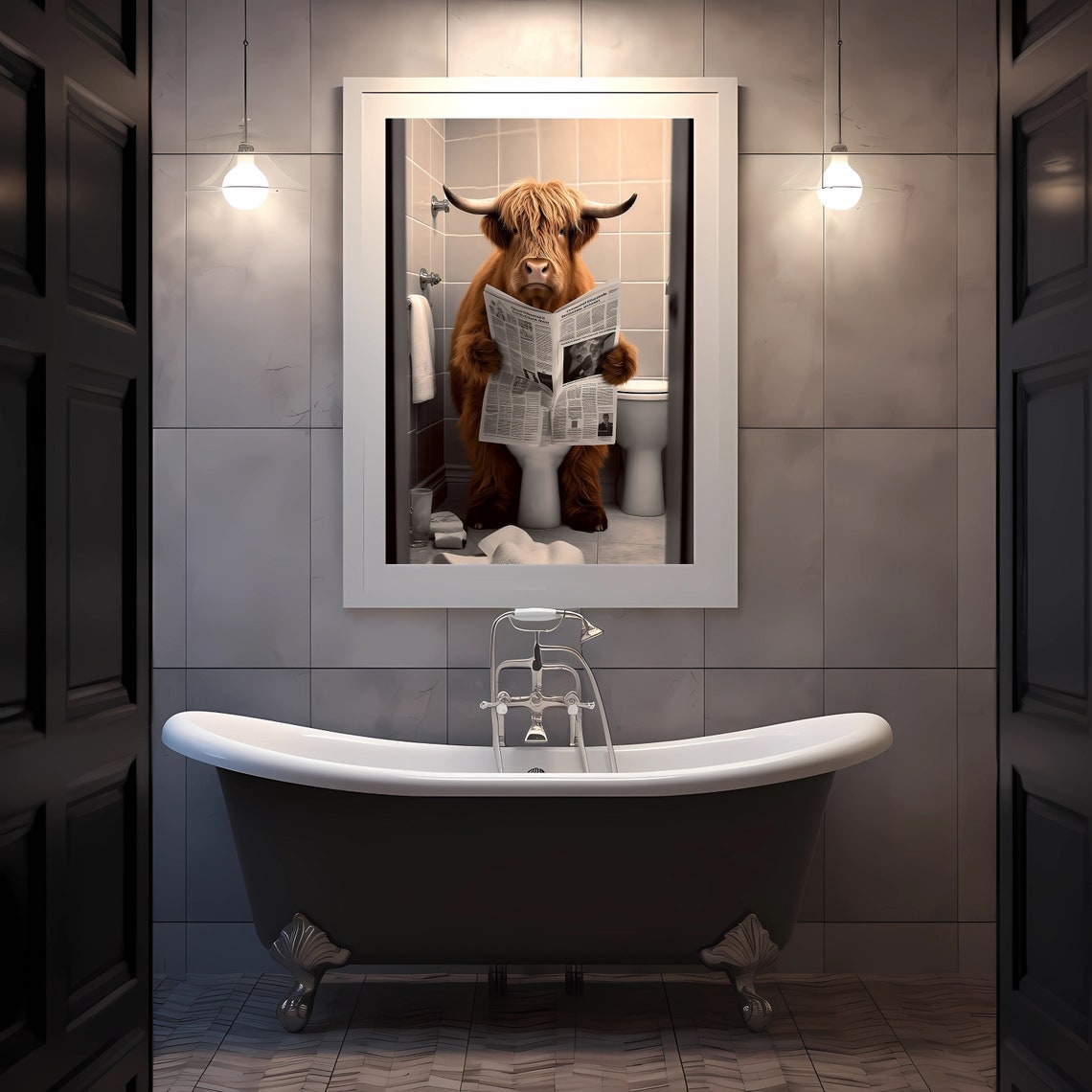 Scottish Highland Cow in Bathroom, Bathroom Humor, Funny Bathroom Print ...