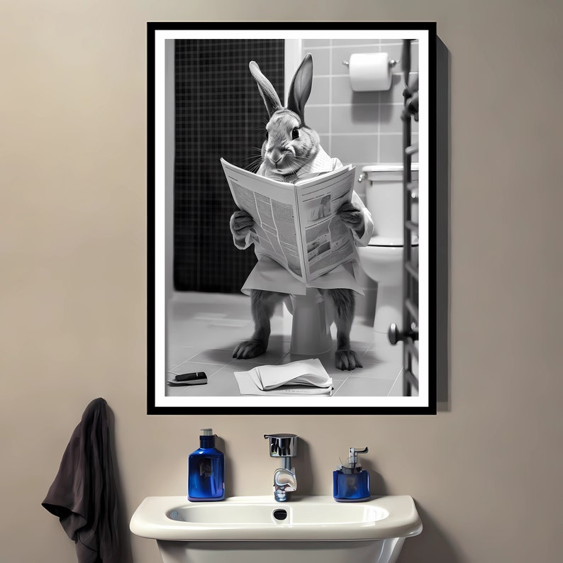Toilet Simon Rabbit Rabbit Print, Funny Bathroom Decor, Rabbit in Toilet, Animal in Toilet ...