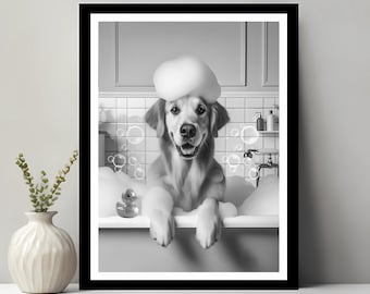 Golden retriever kunst aan de muur, grappig badkamer decor, huisdier portret, hond kunst, golden retriever cadeau, hond in bubbelbad, digitale download