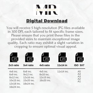 May include: Digital download of 5 high-resolution JPG files for printing photos in various sizes. The sizes are listed for 2x3, 3x4, 4x5, 11x14 inches, and ISO 5x7 paper sizes.