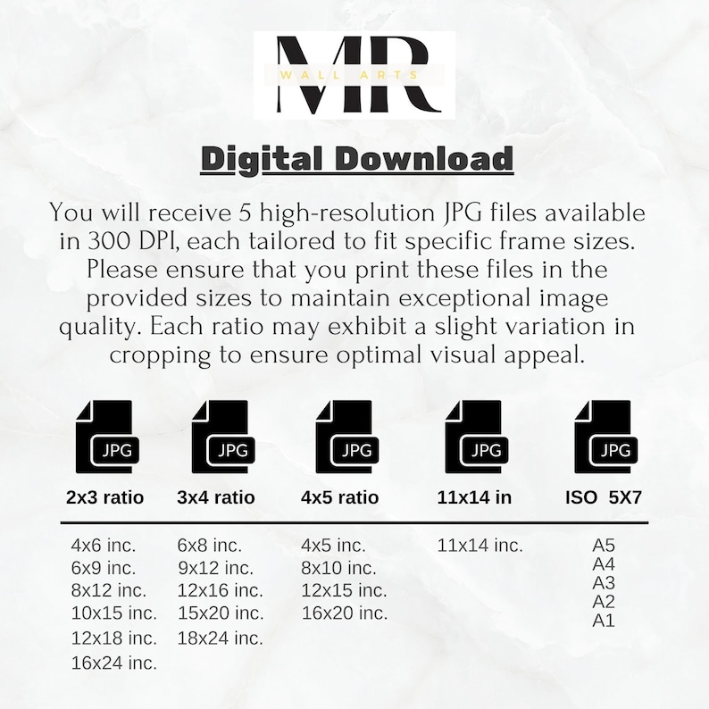May include: Digital download of 5 high-resolution JPG files for printing photos in various sizes. The sizes are listed for 2x3, 3x4, 4x5, 11x14 inches, and ISO 5x7 paper sizes.