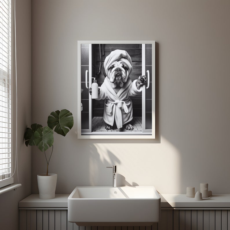 Engelse Bulldog kunst aan de muur, badkamer Art Print, Engelse Bulldog foto, kunst aan de muur badkamer, cadeau, grappige badkamer wand decor, digitale download afbeelding 2