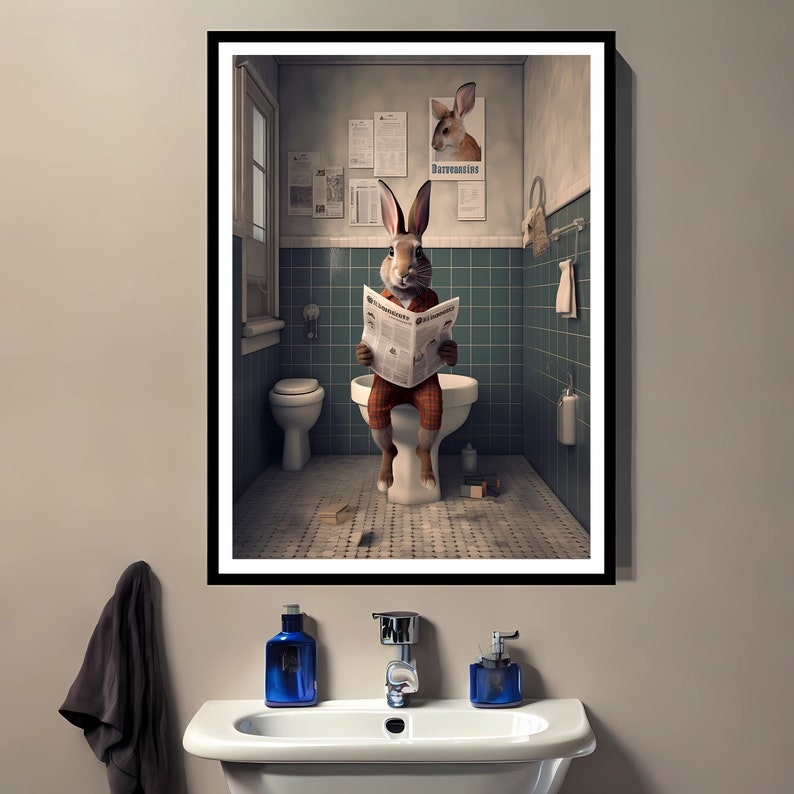 Toilet Simon Rabbit Rabbit Print, Funny Bathroom Decor, Rabbit in Toilet, Animal in Toilet ...