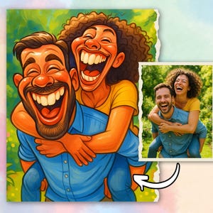 May include: A vibrant cartoon illustration depicts a man giving a piggyback ride to a woman, both laughing heartily. The artwork features exaggerated facial expressions and bright colors, with a smaller photo of the couple included. The style is reminiscent of a caricature.