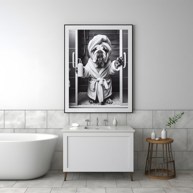 Engelse Bulldog kunst aan de muur, badkamer Art Print, Engelse Bulldog foto, kunst aan de muur badkamer, cadeau, grappige badkamer wand decor, digitale download afbeelding 3