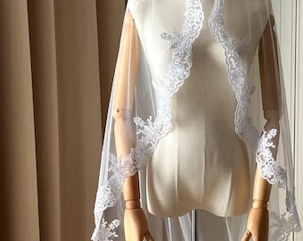 Church wedding veil, Mantilla lace wedding veil, Lace edge bridal veil, Lace veil, Ivory lace veil, Scalloped edge veil