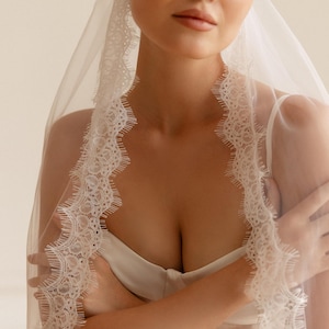 Chantilly lace cathedral veil 300 cm, Lace edge bridal veil with comb, Soft tulle wedding veil