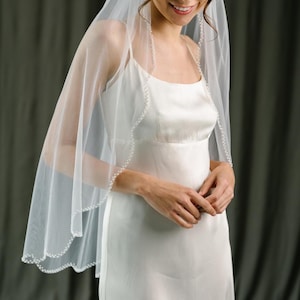 Beaded edge veil, Fingertip wedding veil, Pearl bridal veil, Pearls veil, Bridal white veil