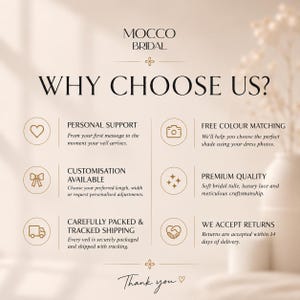 May include: A beige informational graphic for Mocco Bridal titled WHY CHOOSE US? It lists six service points: personal support, customisation, tracked shipping, free colour matching, premium quality, and returns, with icons for each section.