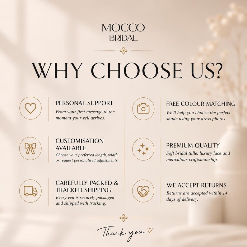 May include: A beige informational graphic for Mocco Bridal titled WHY CHOOSE US? It lists six service points: personal support, customisation, tracked shipping, free colour matching, premium quality, and returns, with icons for each section.